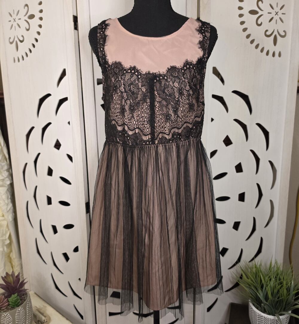Forever 21 Women's Floral Lace Pink & Black Tulle Sleeveless Short Dress Size M
